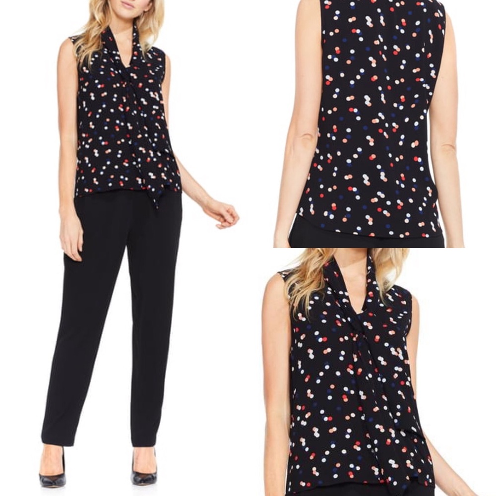 Vince Camuto Multi Dot Black Tie Neck Blouse New